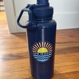 Life Is Good Navy Blue Water Bottle with Sunset Design
